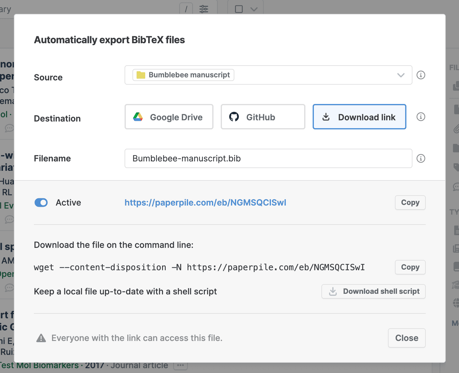 The wizard with “Download link” as the destination, a filename of Bumblebee-manuscript.bib, an Active toggle beside the generated URL, a wget command, a “Download shell script” button and a warning that everyone with the link can access it.